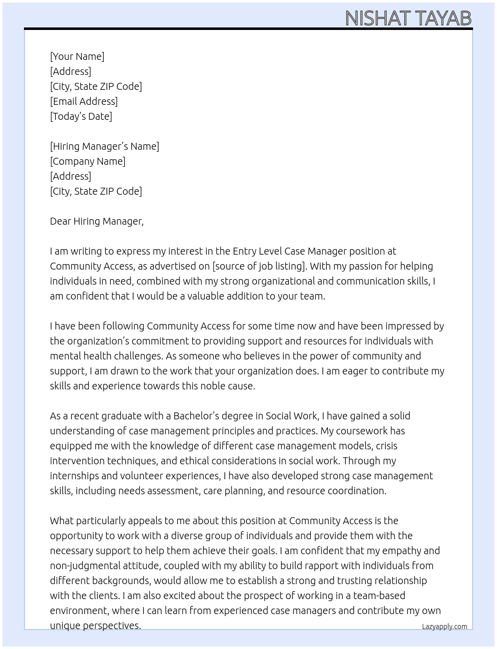  Entry Level Case Manager At Community Access Cover Letter