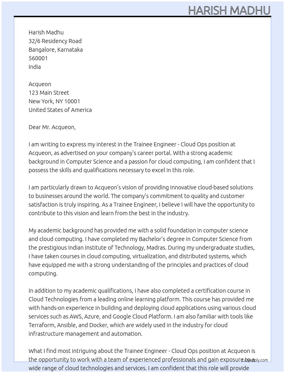 Trainee Engineer - Cloud Ops At Acqueon Cover Letter