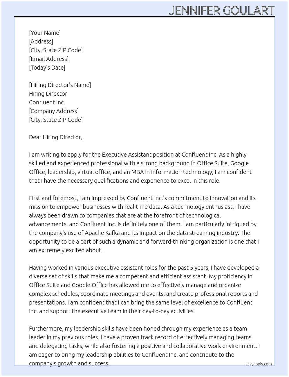Executive Assistant At Confluent Inc. Cover Letter