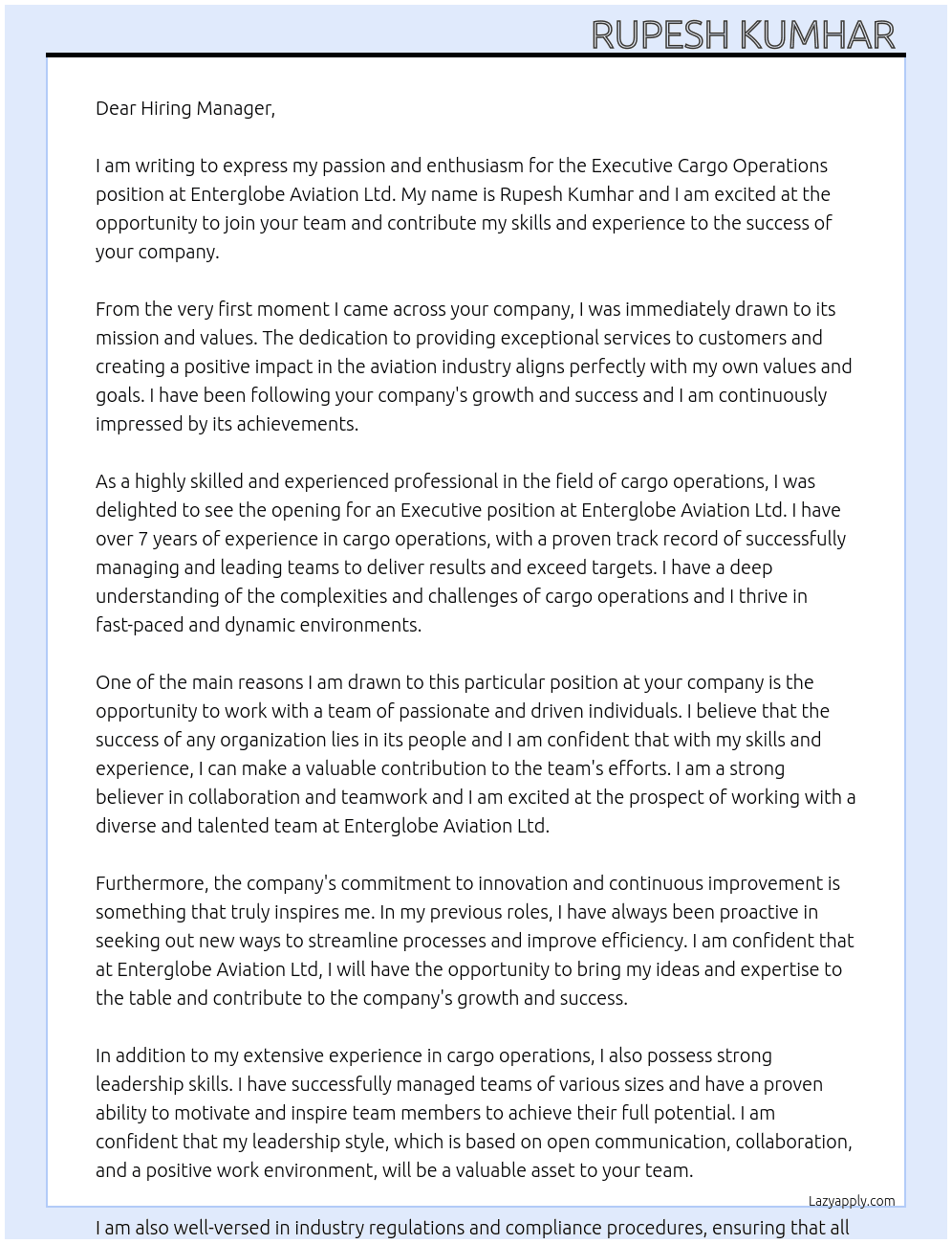 Executive.cargo opretions At Enterglobe Aviation Ltd Cover Letter