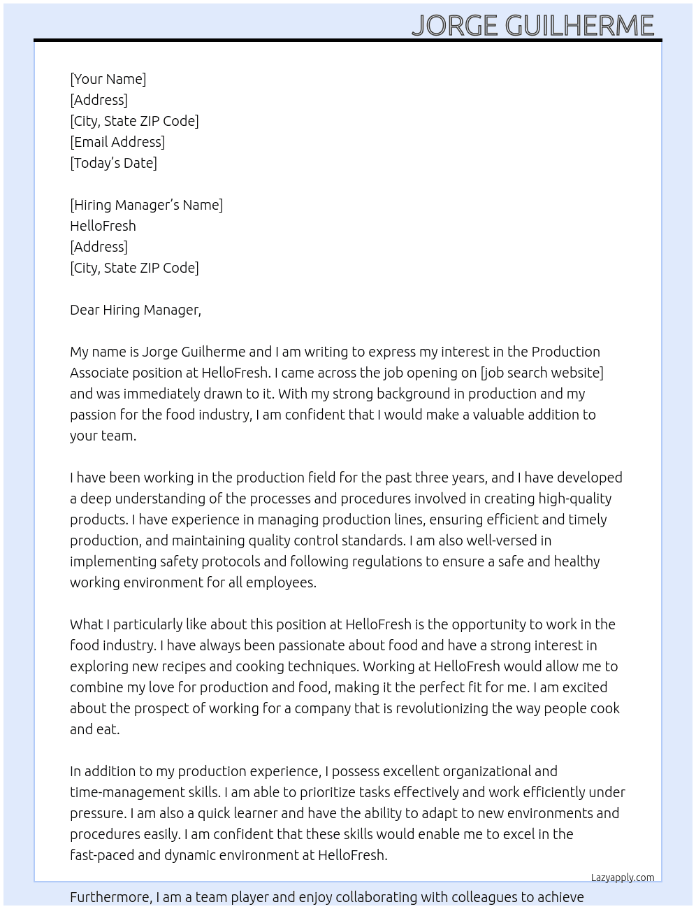 Production Associate  At HelloFresh  Cover Letter