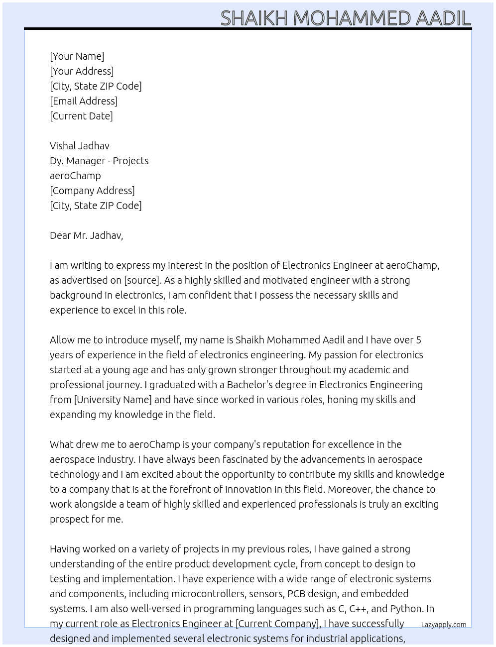 electronics engineer At aeroChamp Cover Letter