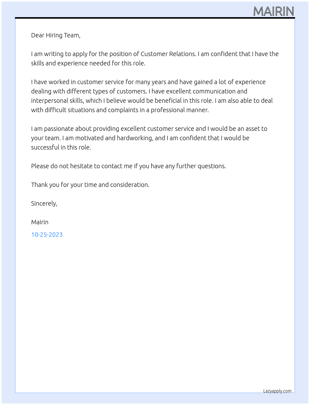 Customer realtions At Hiring Team Cover Letter