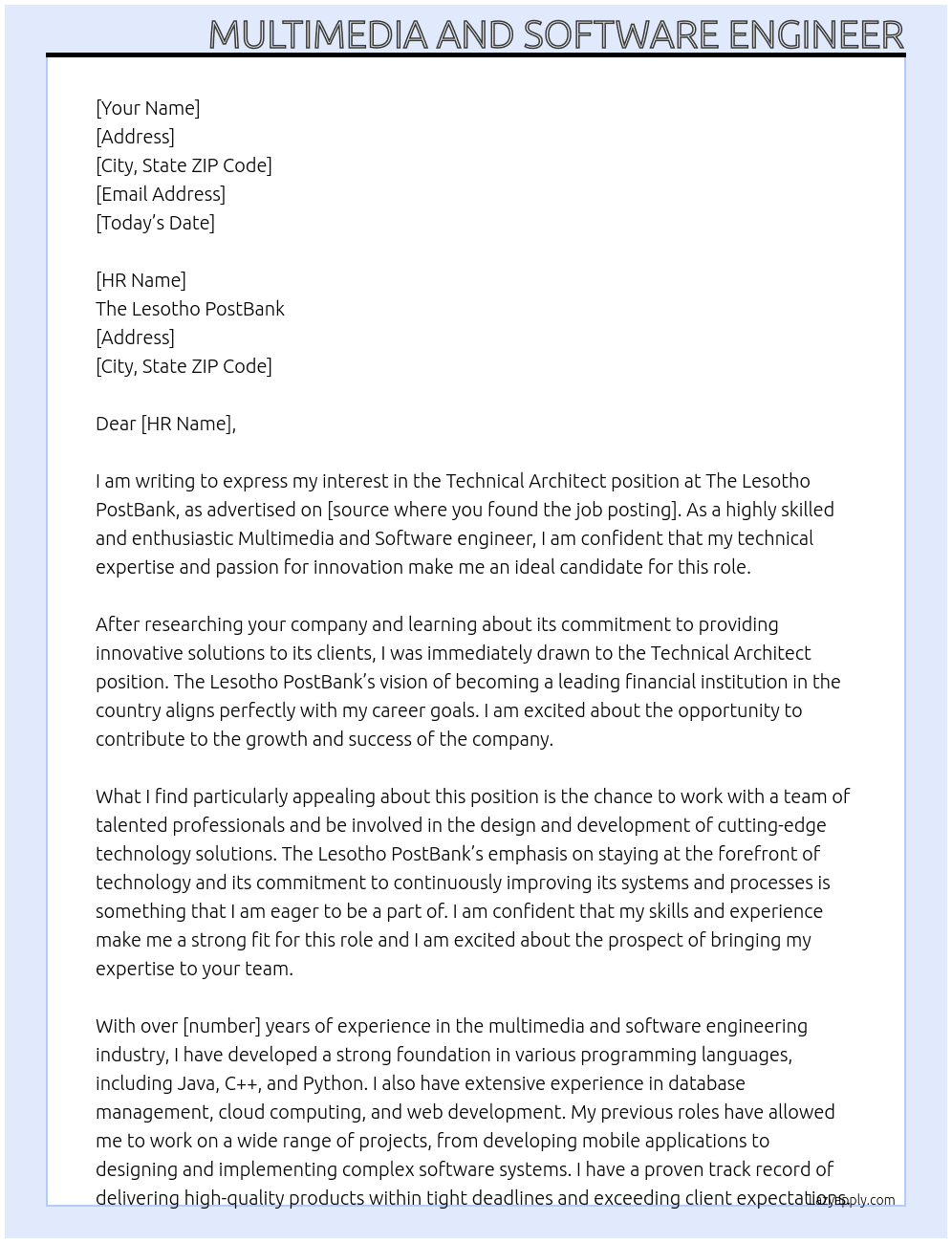 Technical Architect  At The Lesotho PostBank  Cover Letter