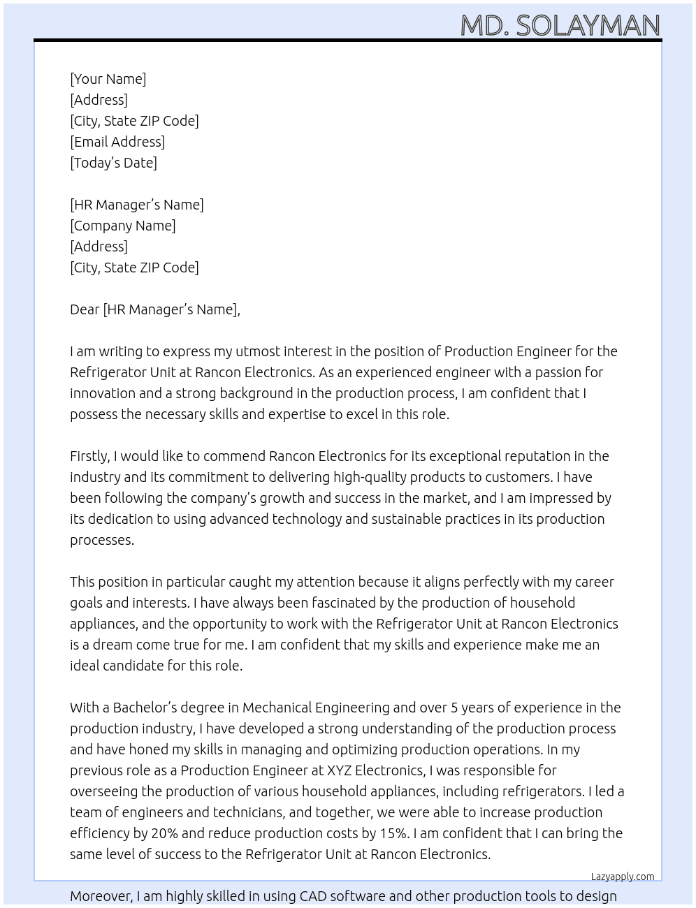 Cover letter for production engineer, refrigerator unit - LazyApply