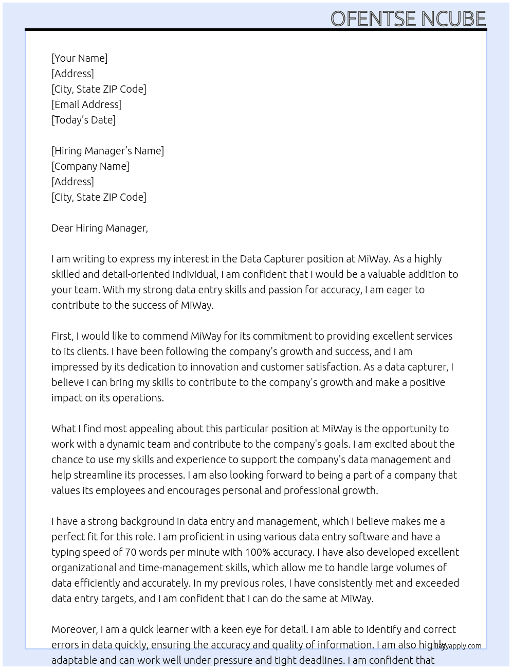 Data capturer At MiWay Cover Letter