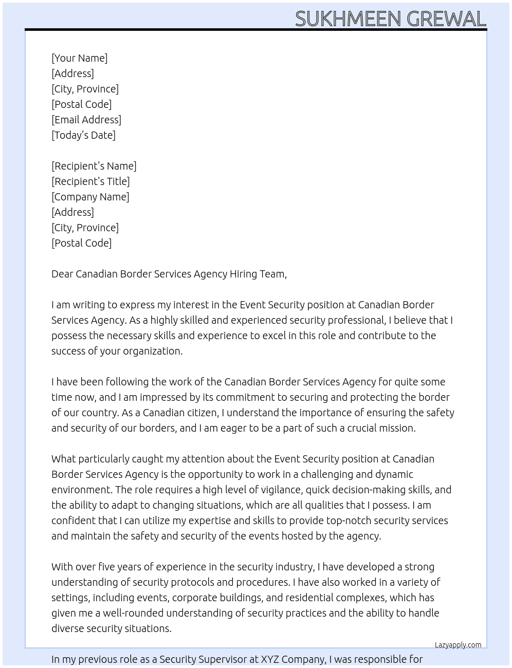 event security At Canadian Border Services Agency Cover Letter