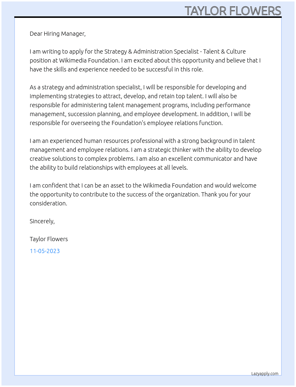 Strategy & Administration Specialist - Talent & Culture At Wikimedia Foundation  Cover Letter