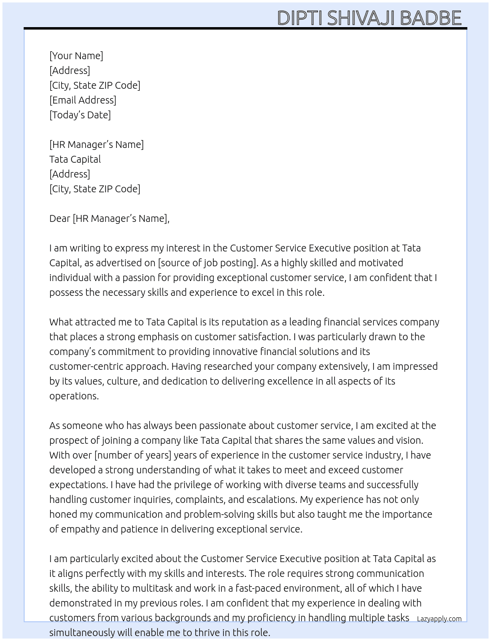 Customer service executive  At Tata capital Cover Letter