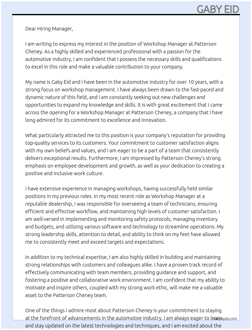 workshop manager At Patterson Cheney Cover Letter