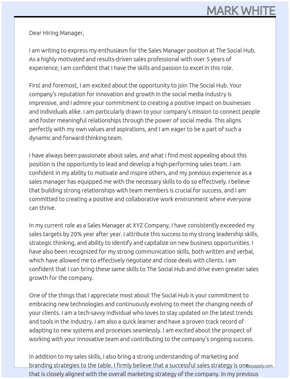 Sales Manager At The Social Hub Cover Letter