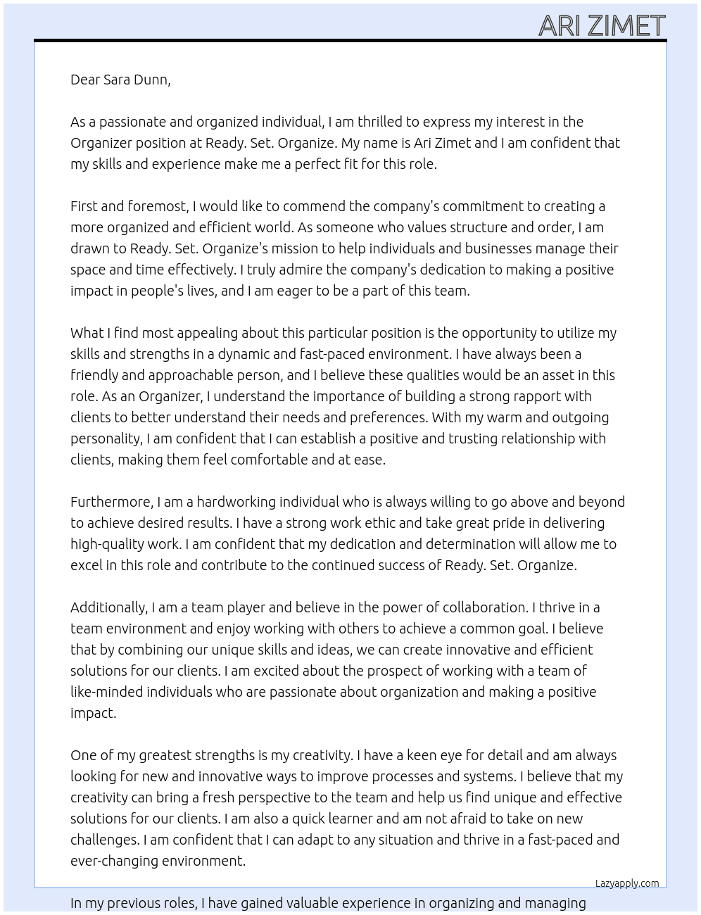Organizer At Ready. Set. Organize Cover Letter