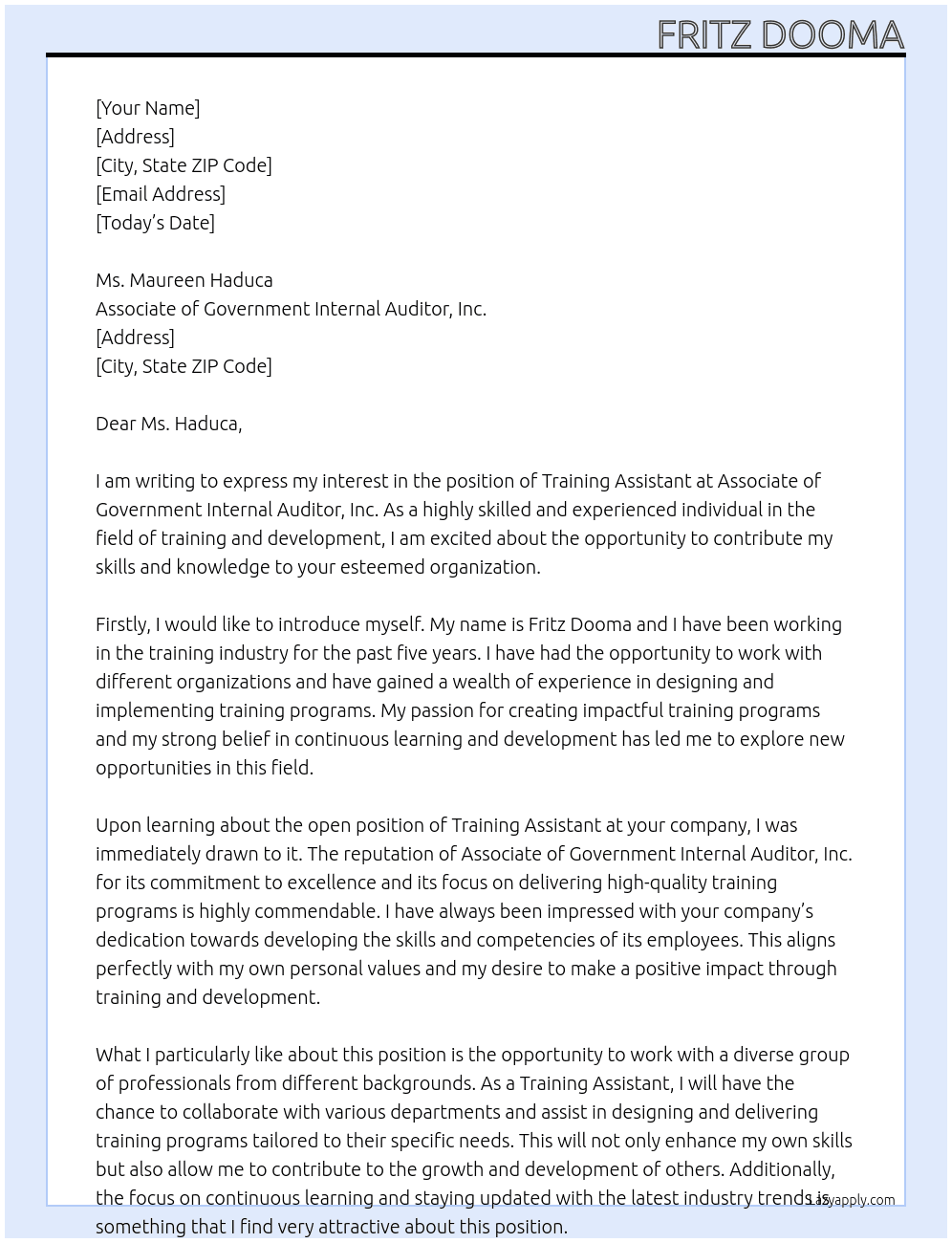 training assistant At Associate of Government Internal Auditor, Inc. Cover Letter