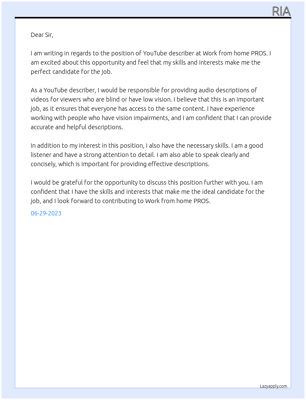 Youtube descripter At Work from home PROS Cover Letter