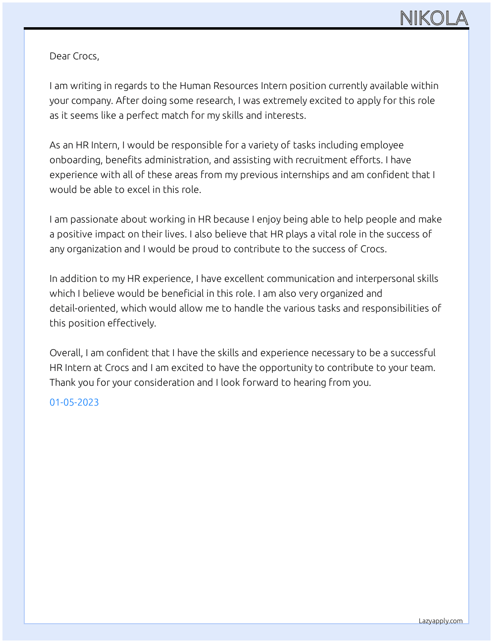 Human Resources Intern At Crocs Cover Letter