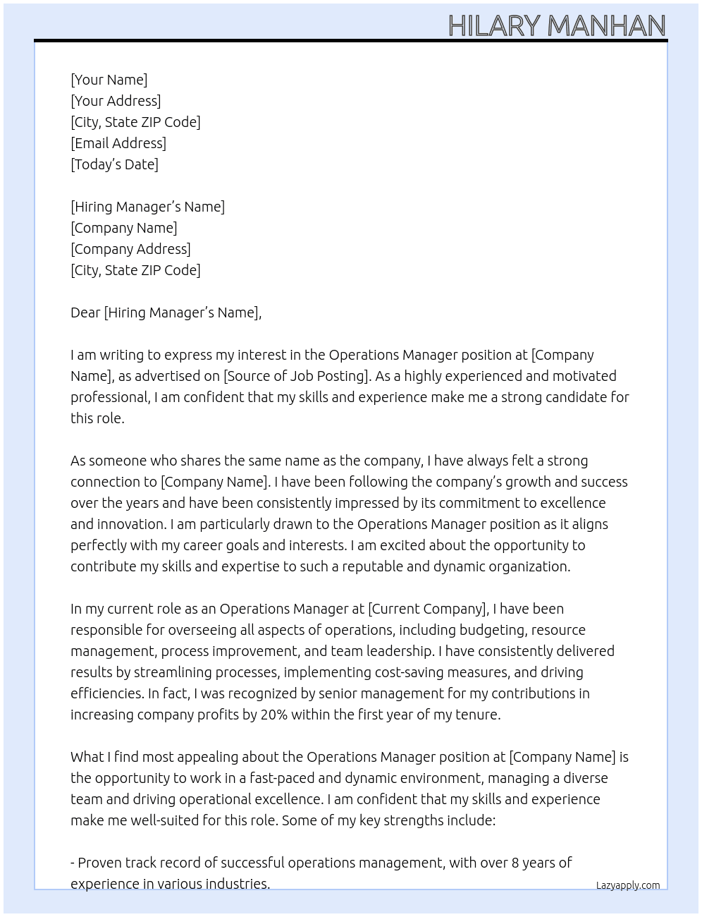 Operations Manager  At Hilary Manhan Cover Letter