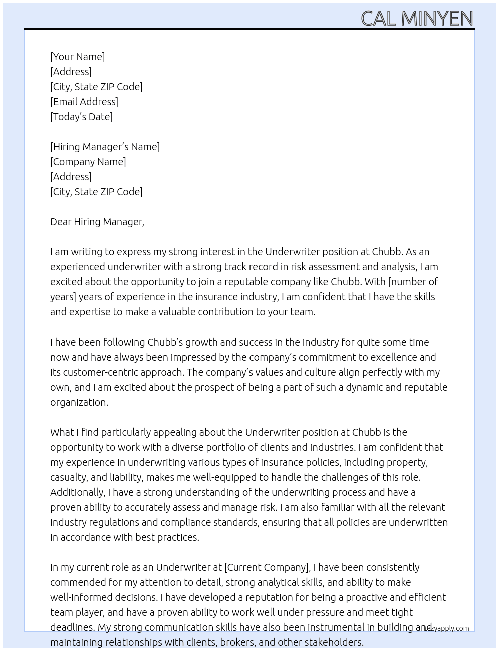 Underwriter At Chubb Cover Letter