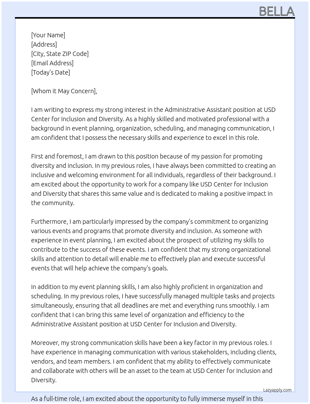 Administrative Assistant At USD Center for Inclusion and Diversity Cover Letter