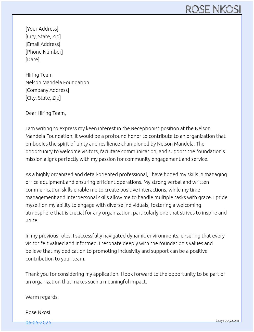 Receptionist At Nelson Mandela foundation Cover Letter