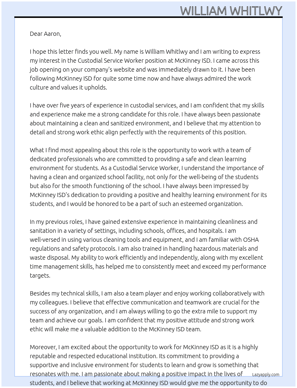 Custodial Service Worker At McKinney ISD Cover Letter