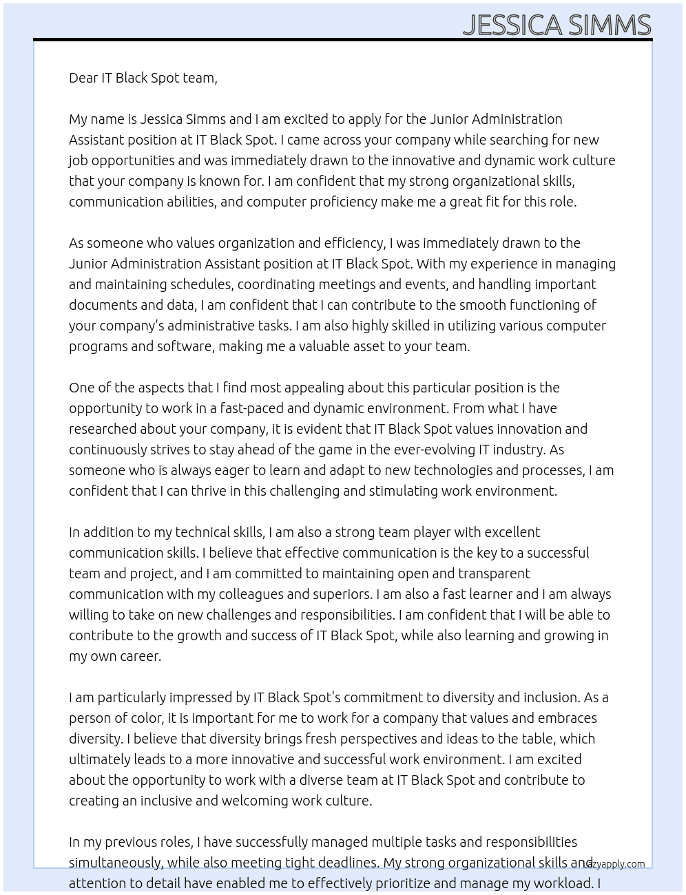 Junior Administration Assistant  At IT Black Spot Cover Letter