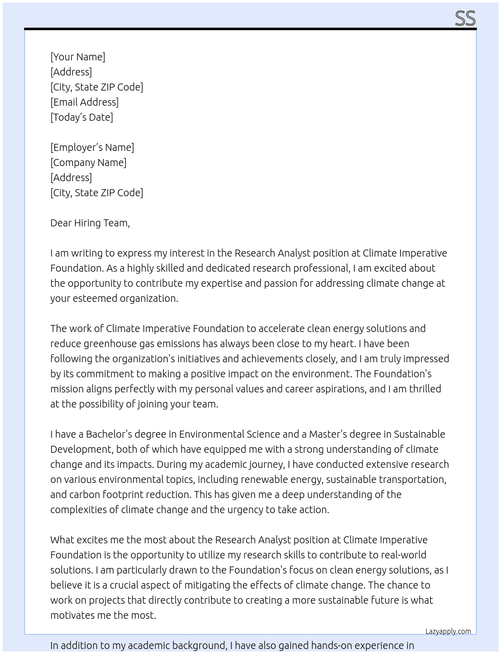 Research Analyst At Climate Imperative Foundation Cover Letter