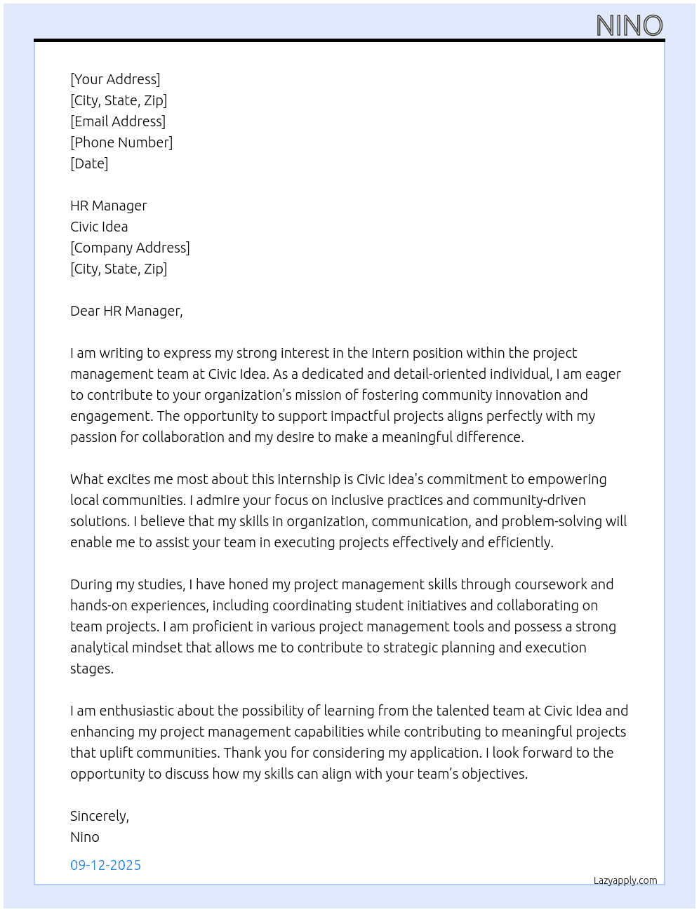 Intern in project managment team At Civic Idea Cover Letter