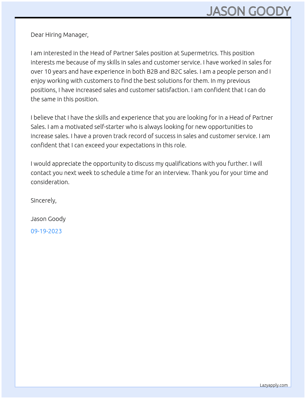 Head of partner sales At Supermetrics Cover Letter