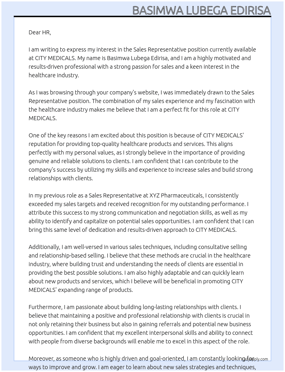 Sales representative At CITY MEDICALS Cover Letter