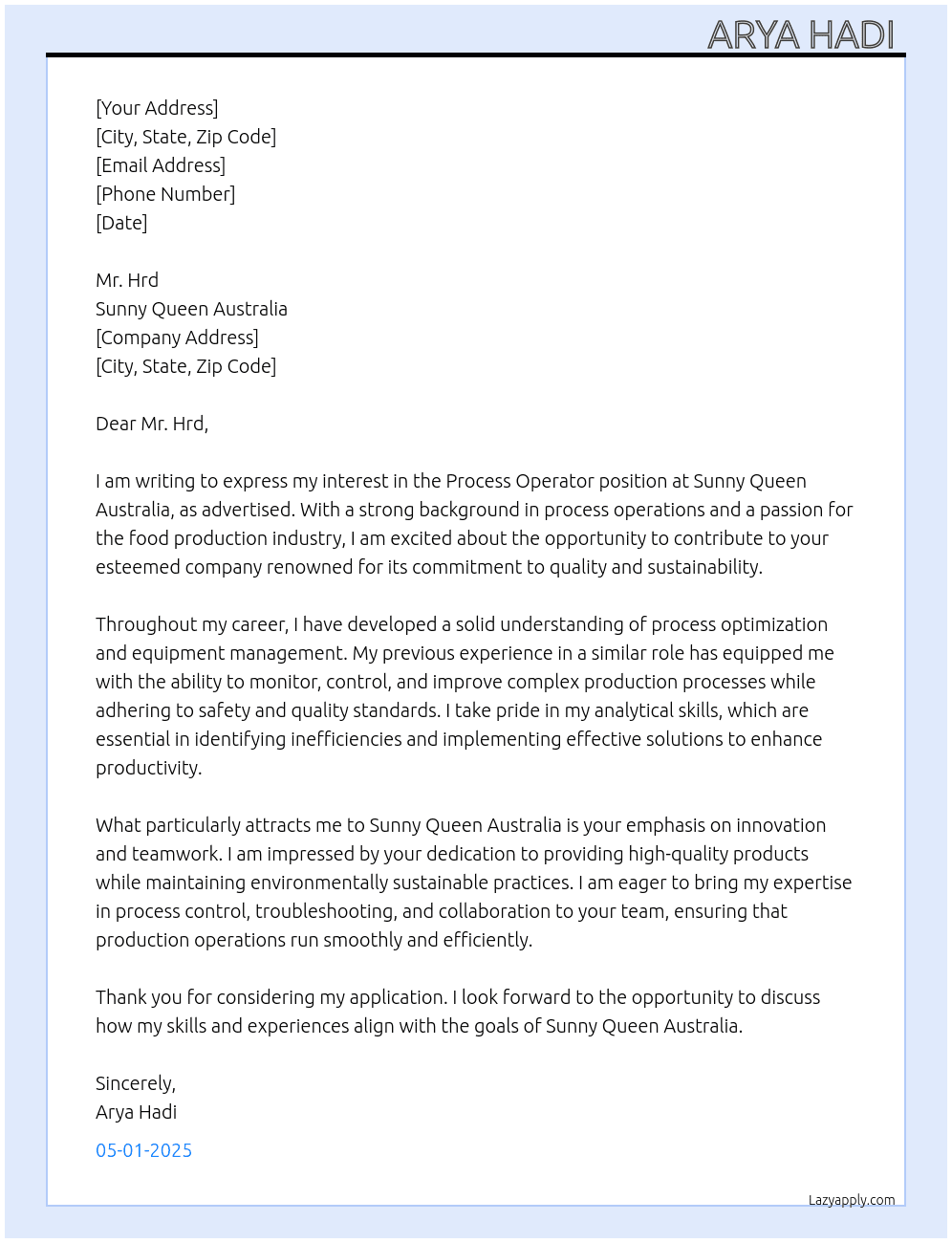 Cover letter for process operator - LazyApply