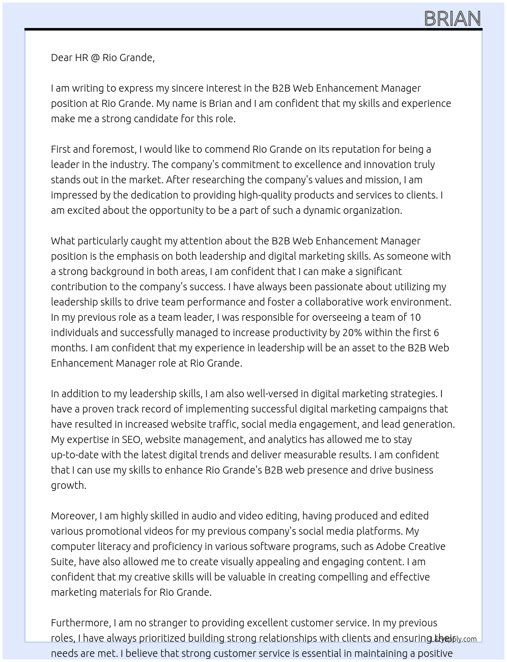 B2B Web Enhancement Manager At Rio Grande Cover Letter