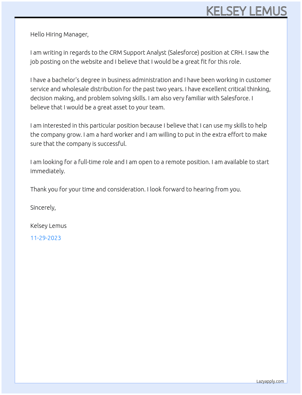 CRM Support Analyst (Salesforce) At CRH Cover Letter