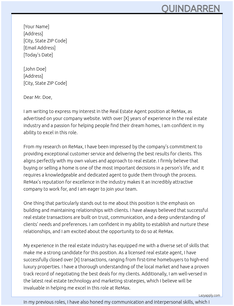 Real Estate AGent At ReMax Cover Letter