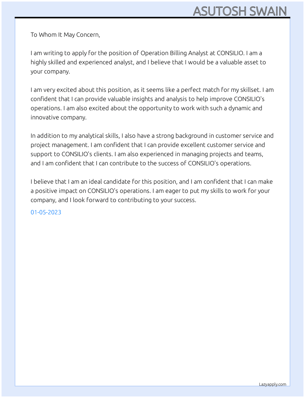 Operation billing analyst  At CONSILIO  Cover Letter