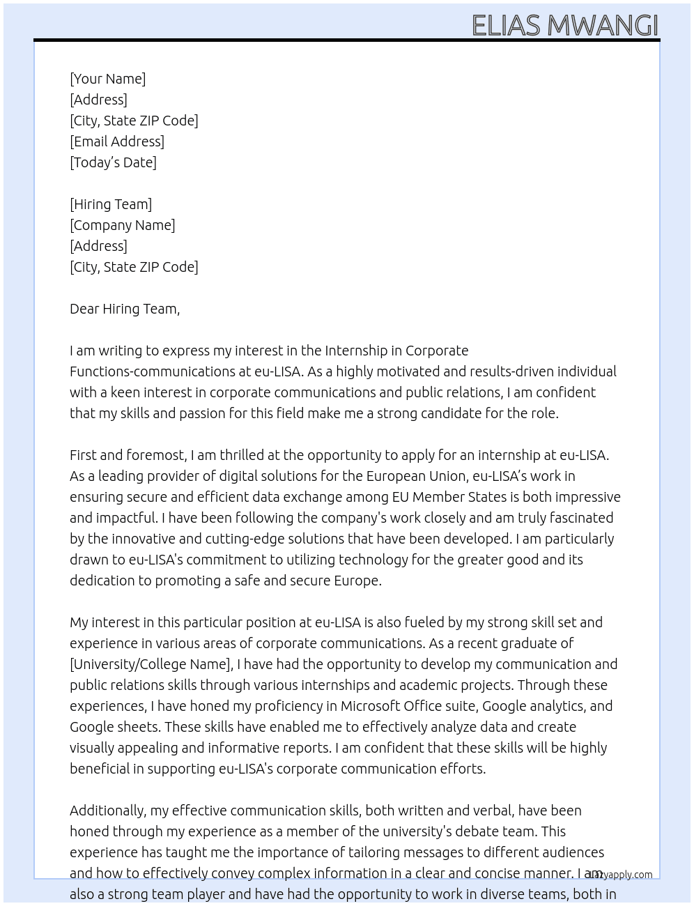 Internship in Corporate Functions-comunications At eu-LISA Cover Letter
