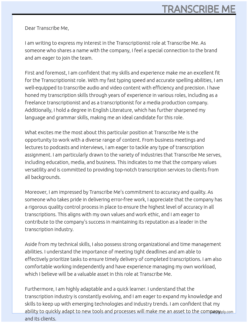 Transcriptionist  At Transcriptionist  Cover Letter