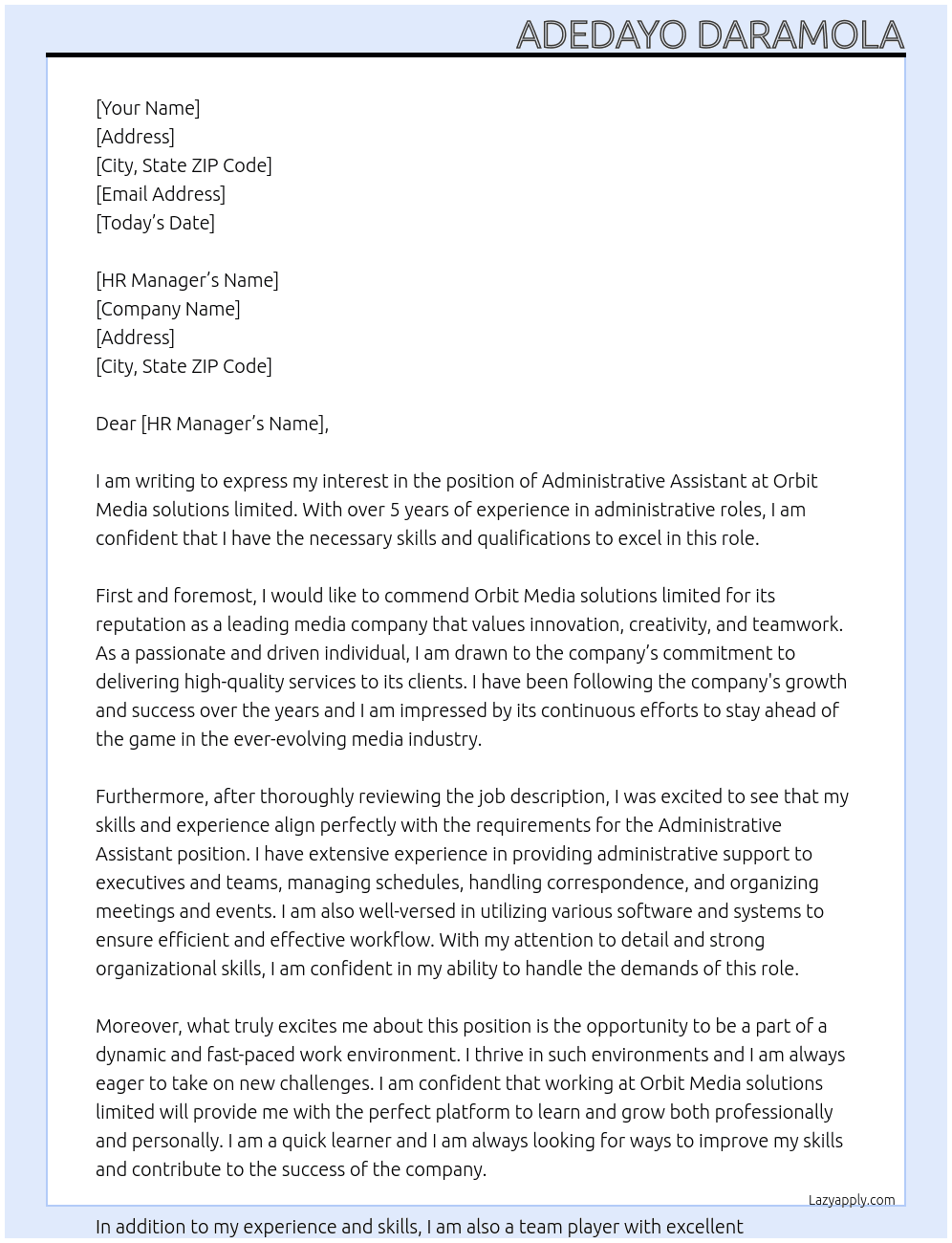 Administrative assistant At Orbit Media solutions limited Cover Letter