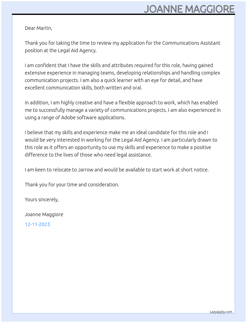 communications assistant At Legal Aid Agency Cover Letter