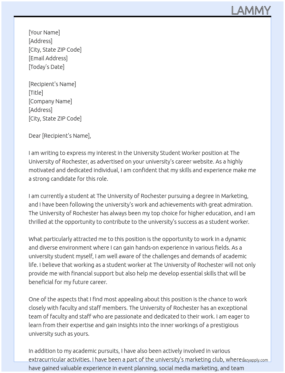 University Student Worker At The University of Rochester Cover Letter