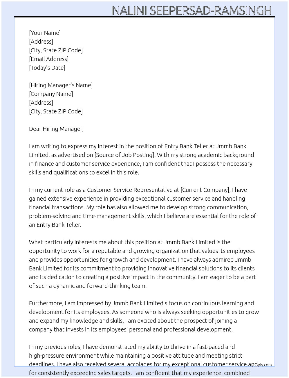 Entry bank Teller At Jmmb bank Limited  Cover Letter