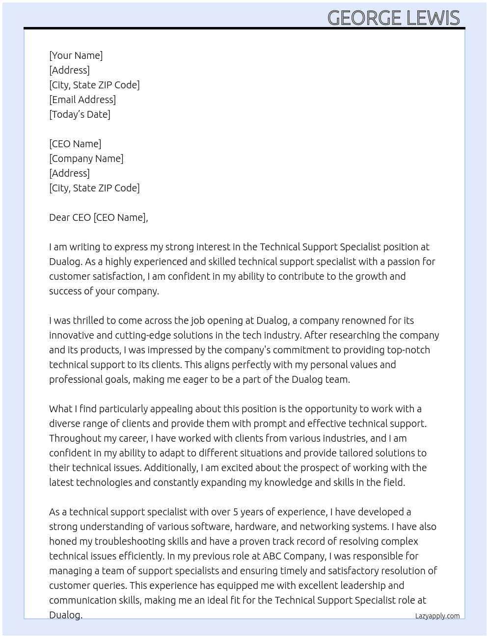 Technical support specialist At Dualog  Cover Letter