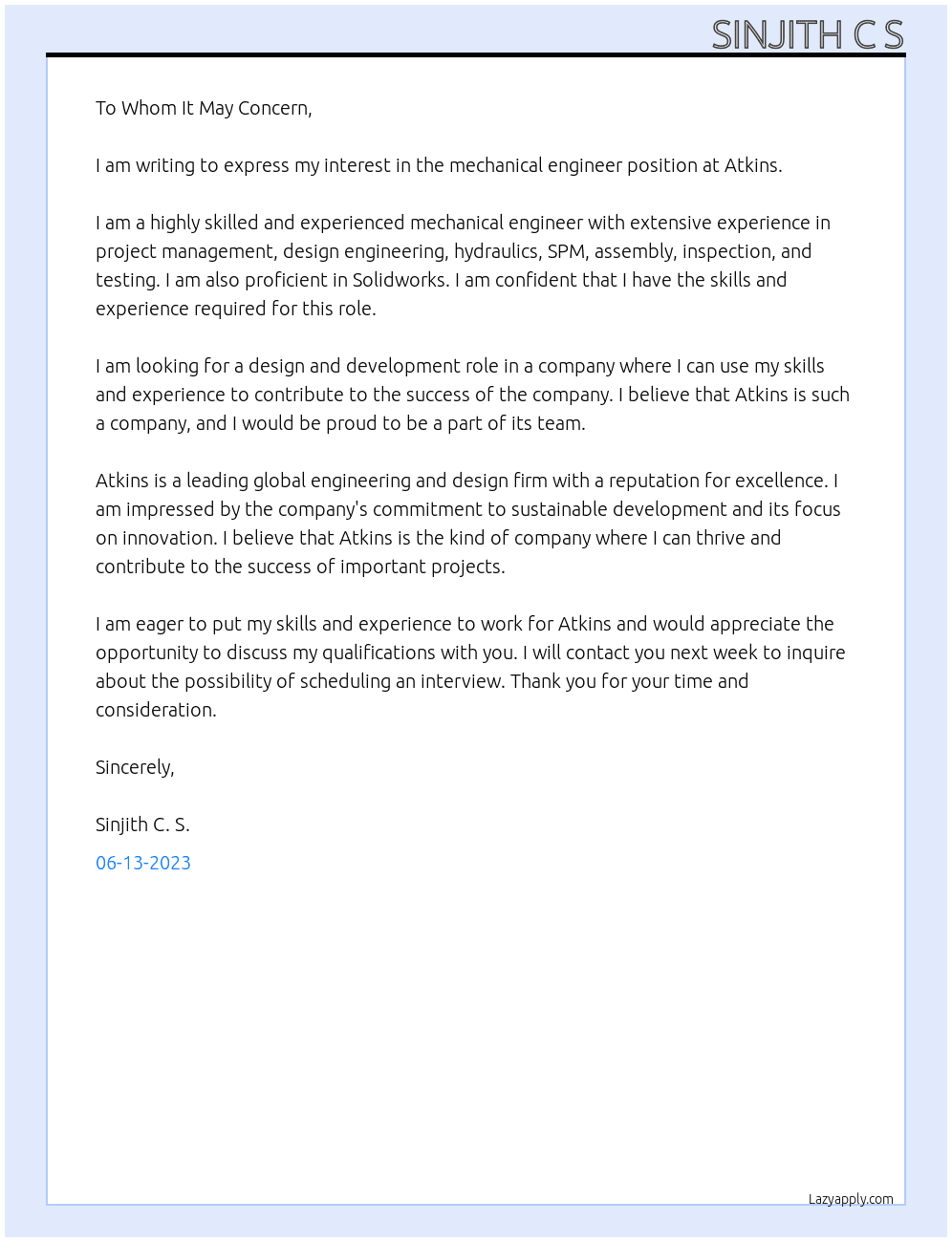 Mechanical Engineer At Atkins Cover Letter