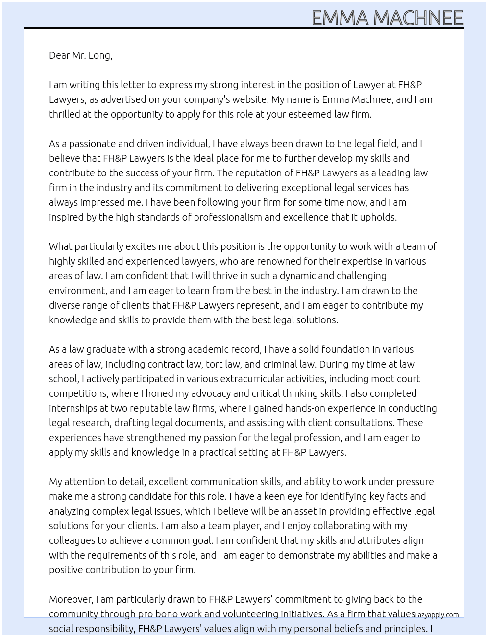 Laywer At FH&P Lawyers Cover Letter