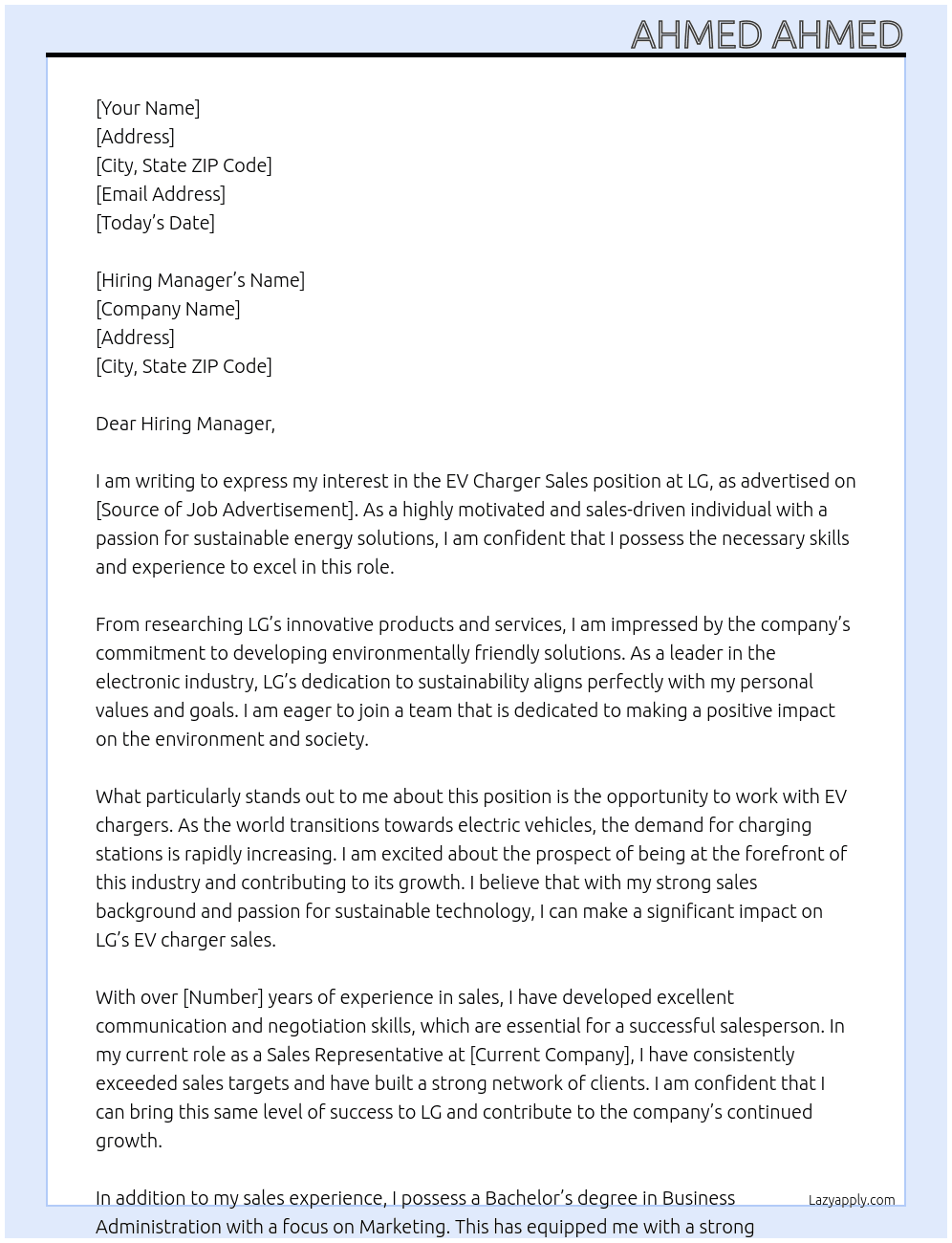 EV Charger Sales At LG Cover Letter