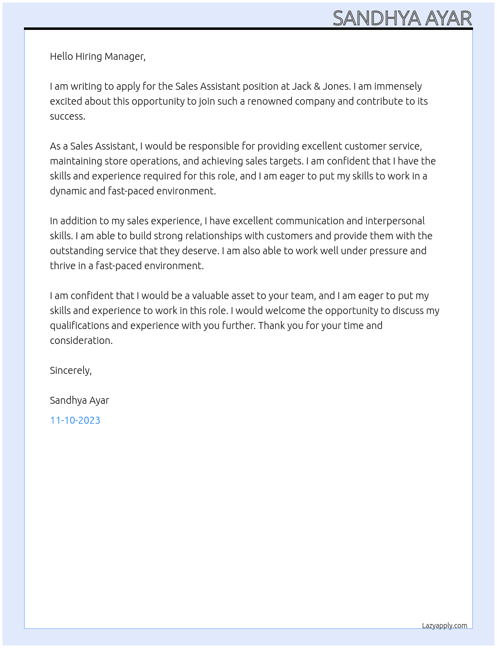 Sales Assistant At Jack & Jones Cover Letter