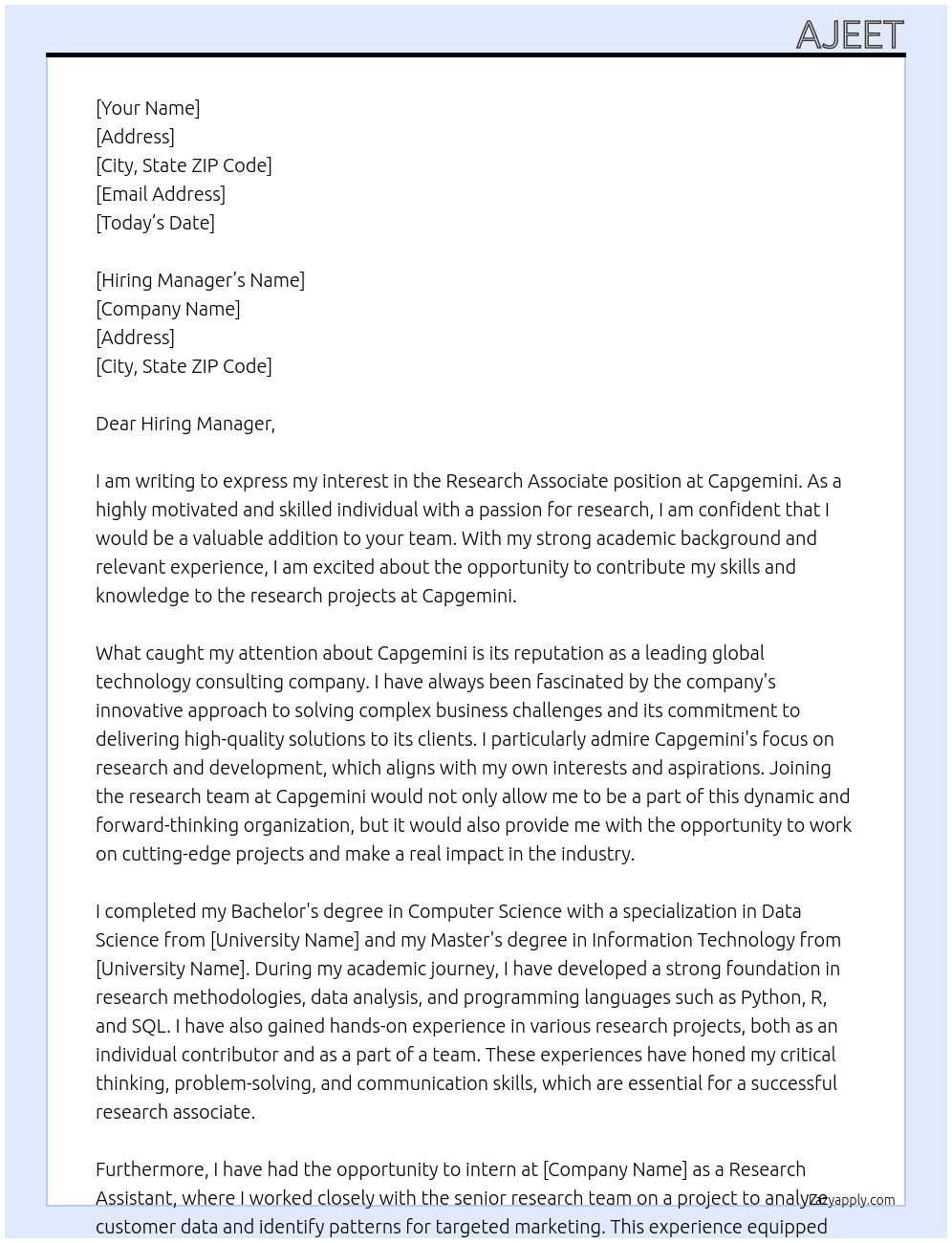 Research Associate At Capigimini Cover Letter