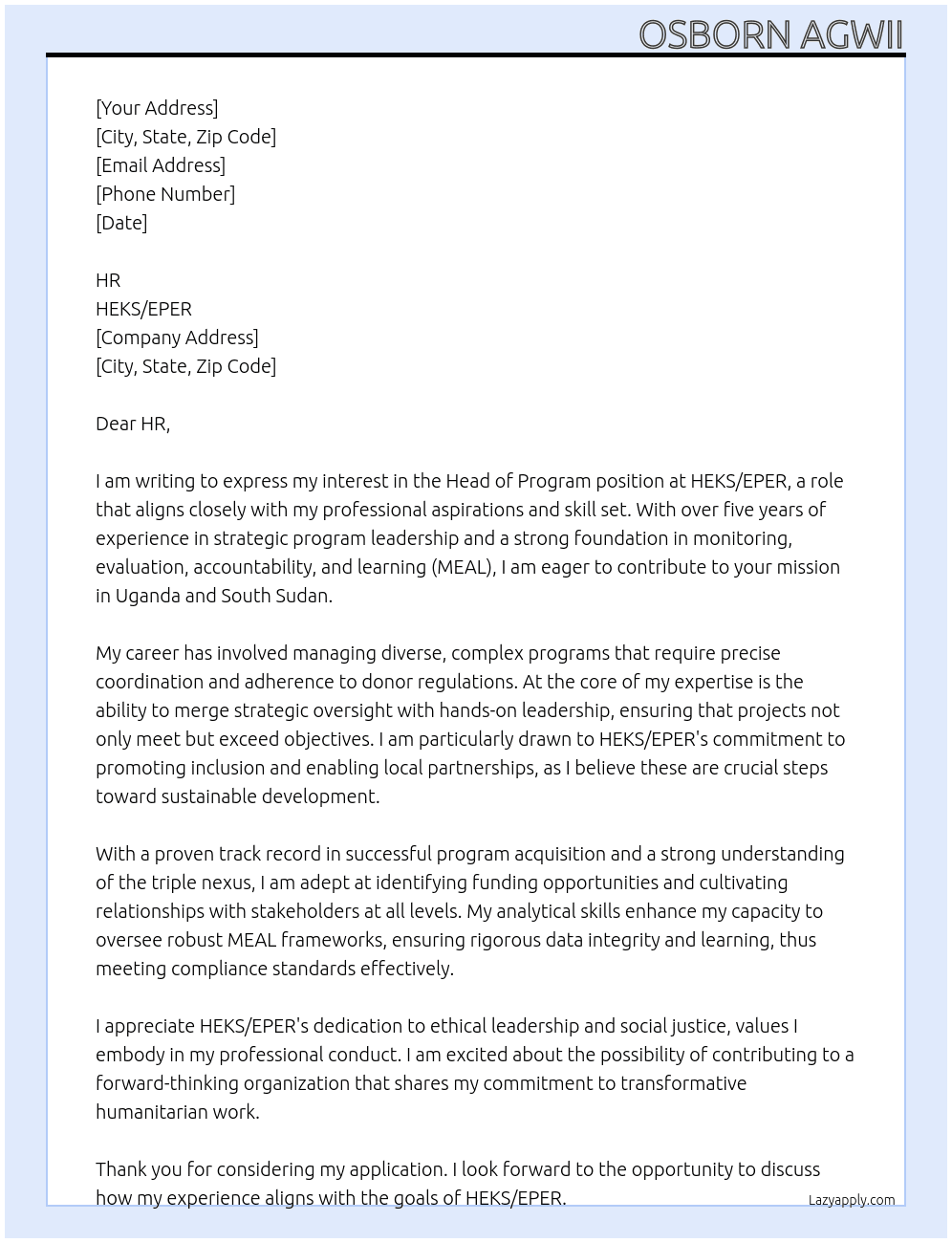 Head of Program  At HEKS/EPER Cover Letter