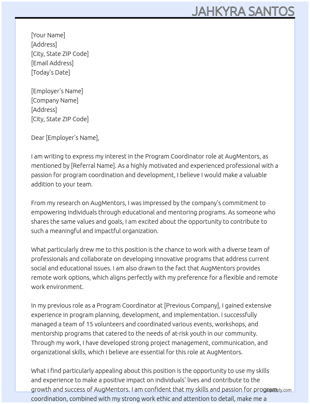Program Coordinator At AugMentors Cover Letter