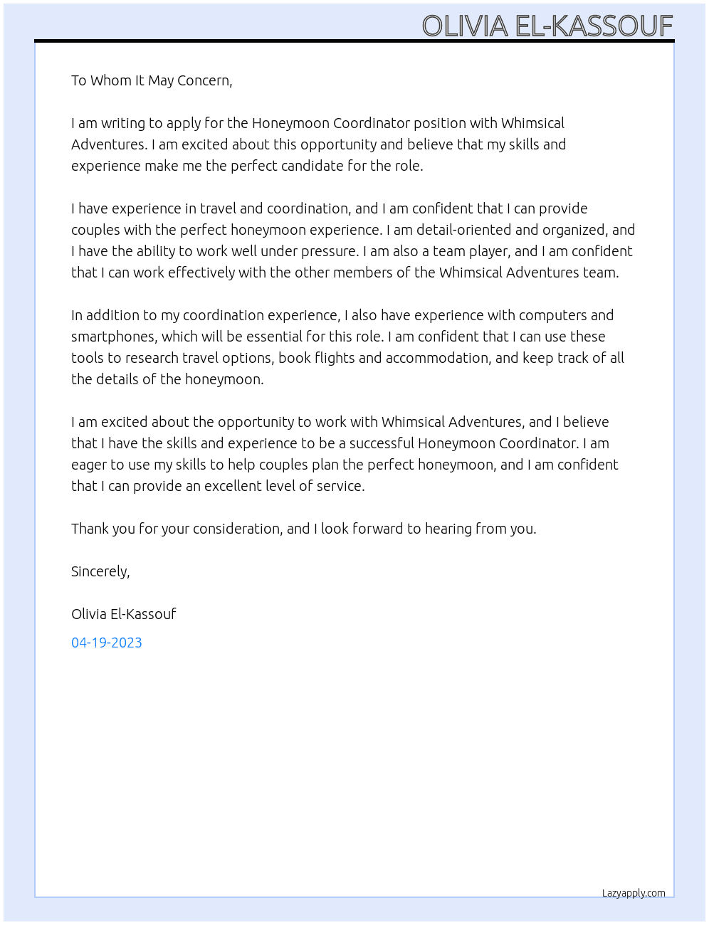 Honeymoon Coordinator At Whimsical Adventures Cover Letter