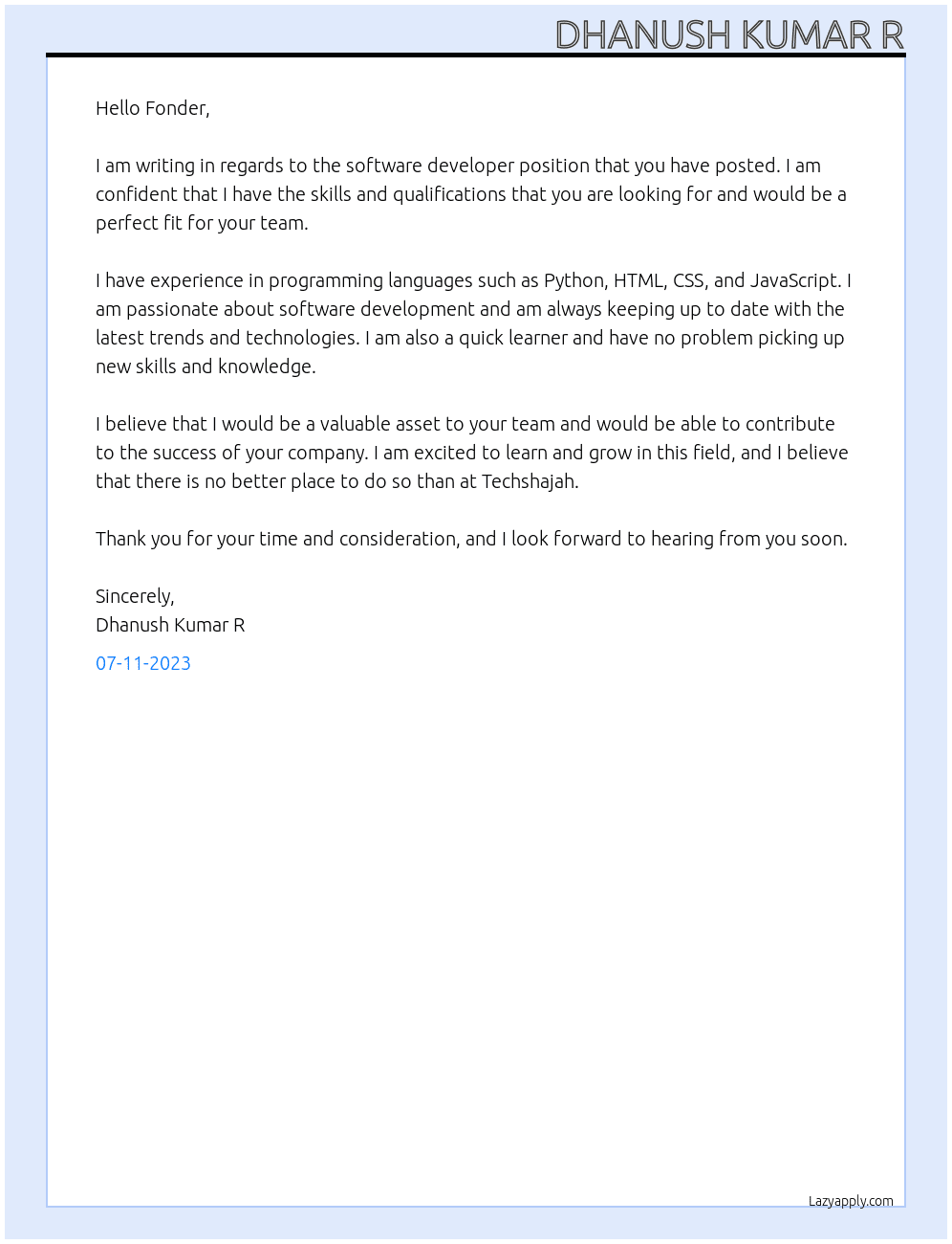 software developer  At techshajah Cover Letter